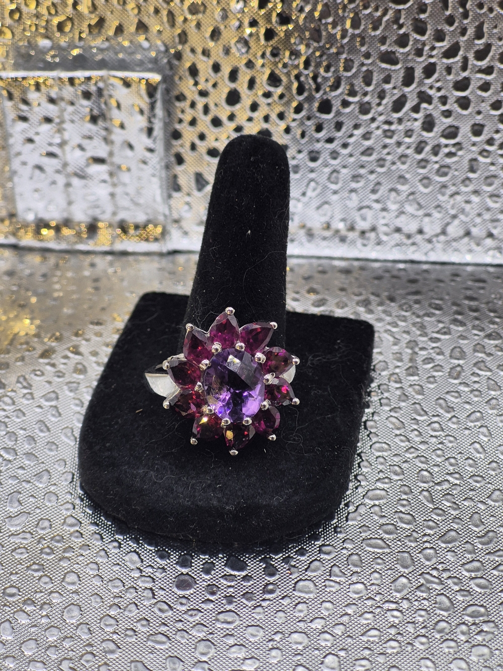 Floral Cluster Genuine Amethyst & Garnet Ring in Purple and Deep Red